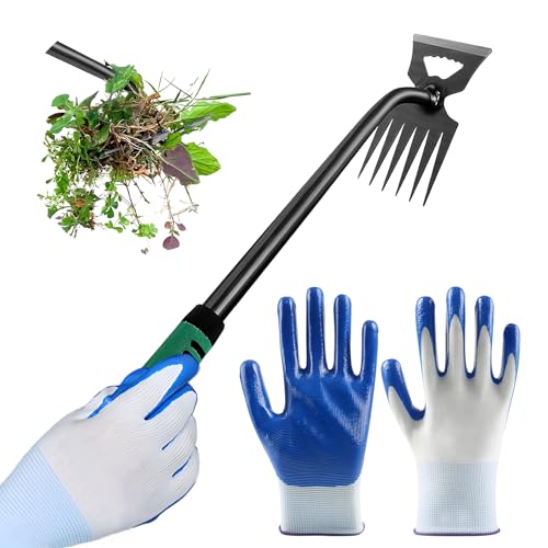 peiyee Desbrozadora Manual de Jardinería, Maleza Herramienta de Jardín 6 Dientes de Mano con Guantes de Jardín, Extractor de Malas Hierbas con Empuñadura de Goma, Mango de 36cm de Largo