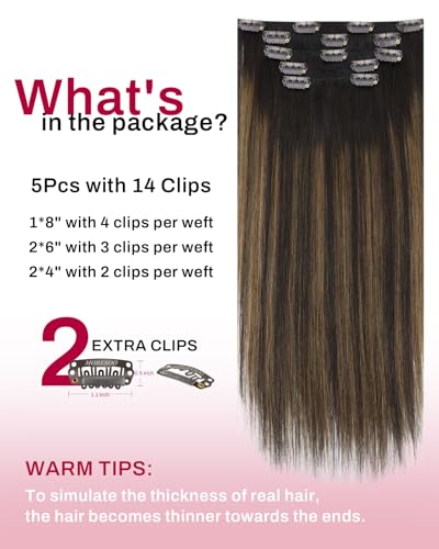 Image of Moresoo Clip in Hair Extensions Real Human Hair Double Weft Human Hair Clip in Extensions Straight Ombre Balayage Dark Brown with Chestnut Brown 5pcs 80g 22inch