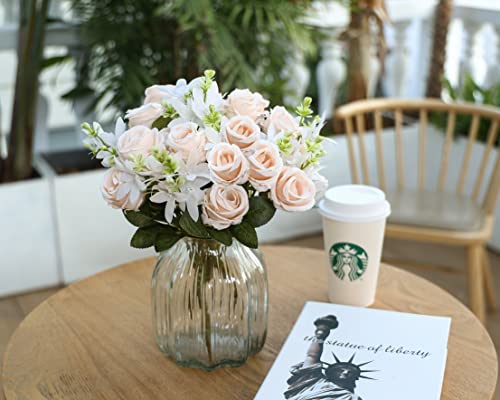 Wereves Champagne Fake Rose Silk Flowers, 4 Bunches Rose Bouquet Artificial Flowers 16 Heads Faux Rose Bridal Bouquet For Home Office Wedding Party Baby Shower Centerpieces Decoration #TOP4