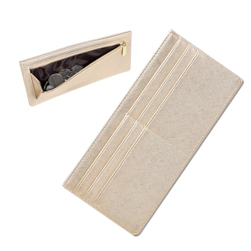Slim Wallet Credit Card Ultra Thin Long Card Wallet Zippered Pockets ID Case Wallet Small Compact Leather Wallet Coin Purse (Gold)