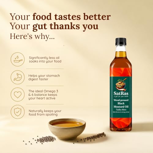 Image of SatRas Wood Pressed Black Mustard Oil, 1L Plastic Bottle | Kachi Ghani Sarso Oil | Cold Pressed & Unrefined | Rich in Omega 3, 6 & Vitamin E | Pure Edible Cooking Oil