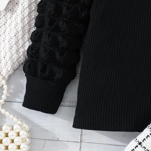 Image of Noubeau Toddler Girls Plaid Outfits Girls Puff Sleeve Knit Ribbed Shirt Tops Plaid Skirt Set Kids Fall Winter Clothes