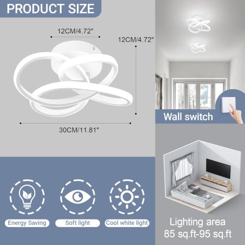 Image of CANEOE Modern Led Ceiling Light Fixture, 6000K Small Hallway Ceiling Light, White Close to Ceiling Lights for Hallway Bedroom Bathroom Entryway Balcony Stair Curved Design Ceiling Lamp (White)