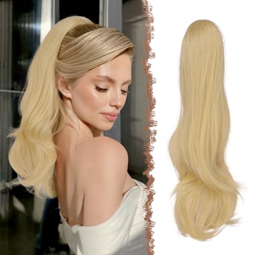FESHFEN Coda Capelli Extension con Coulisse, Natur Ondulati Lunga Ricci Posticci Sintetici Biondo Champagne Coda Cavallo Extensions Posticci Capelli per Donna, 50 cm