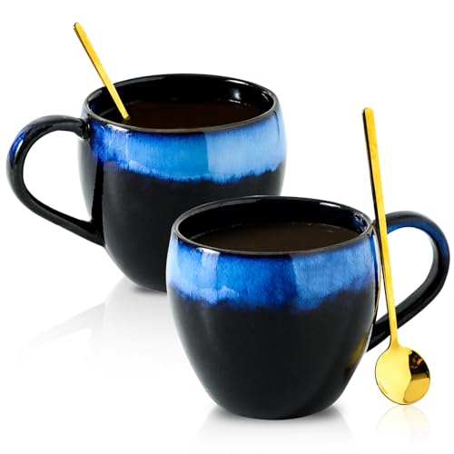 glowworm Ceramic Coffee Cups,16 Oz Coffee Mugs with Spoon, Large Coffee Mugs for Men/Women, Coffee Cups for Latte, Cocoa, Christmas Gifts,Microwave & Dishwasher Safe, Set of 2, Black