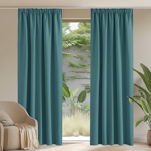 PONY DANCE Cortinas Salon 2 Piezas Termicas Aislantes Frio y Calor, Cortinas Opacas Blackout para Dormitorio Comedor para Riel con Ganchos, 140x245 CM, Verde Turquesa