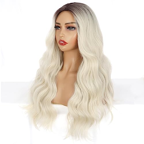 PORSMEER Long Blonde Wigs for Women Ladies with Dark Brown Roots Middle Part Natural Looking Pastel Loose Wave Curly Synthetic Hair Wig for Everyday or Halloween Party,26inch - Image 4