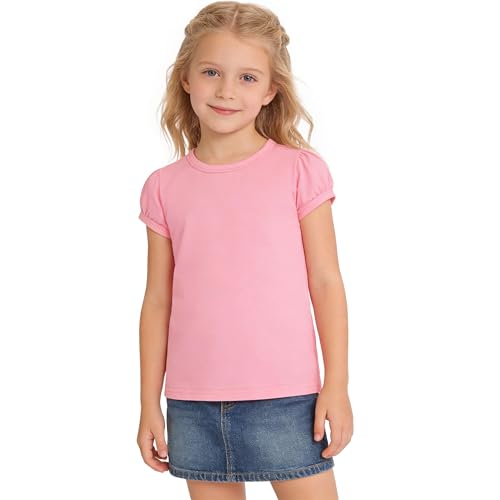 LYSMuch 1-14Y Girls Short Sleeve Shirt Toddler Round Neck T-Shirt Baby Puff Tops Casual Loose Blouse(Pink,3-4Years)