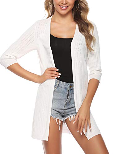 iClosam Ladies Cardigan Chaqueta Larga y Delgada con Transparencia Ligera Chaqueta Chal Mujer de Manga Larga (Blanco-Rayas Verticales, XL)