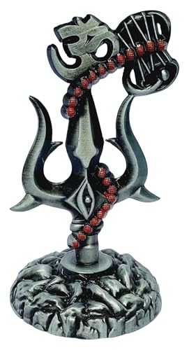 Image of Shivji Trishul Damru and Aum Idol for Mandir, Shiva Idol Car Dashboard Decoration Items Statue Metal Showpiece for Pooja Room Home Decor