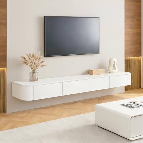 Ribanedy Mueble TV Suspendido Moderna | Consola de Medios de Entretenimiento Montada en la Pared | Banco de TV con Gran Capacidad de Almacenamiento para Sala de Estar y Oficina (Blanco, 140cm)