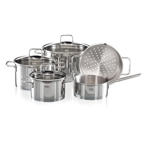 KHG Topfset 5-teilig Edelstahl mit Dünsteinsatz zum Dampfgaren, Induktion Kochtopf 16 cm, 20 cm, 24 cm, Glasdeckel mit Dichtring und Sieb, Kasserolle Innenskala
