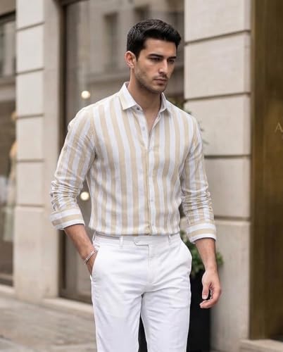Image of IndoPrimo Men's Striped Cotton Shirt | Slim Fit Stylish Casual Shirt for Man | Full Sleeve Summer Wear Vertical Stripe Shirt for Office, Vacation