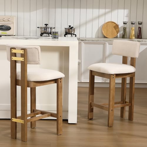 Image of BESTANO 26 inch Counter Stools Set of 2 Counter Height Bar Stools with Back and Solid Wood Legs Modern Farmhouse Linen Upholstered Kitchen Bar Stools Countertop Chairs, Beige