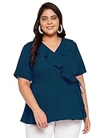 wild U Women Plus Size Ruffle Wrap Peplum Western Stylish Latest Half Sleeve Top (Turquoise Blue, Size: 5XL)