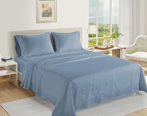 Image of LANE LINEN Split Top King Sheets 100% Egyptian Cotton Sateen - French Blue | King Size Bed Sheets Cotton - 4-Piece Set, For A Luxurious Night's Sleep, For A Silky Hotel-Style Bed, Luxe Sheen