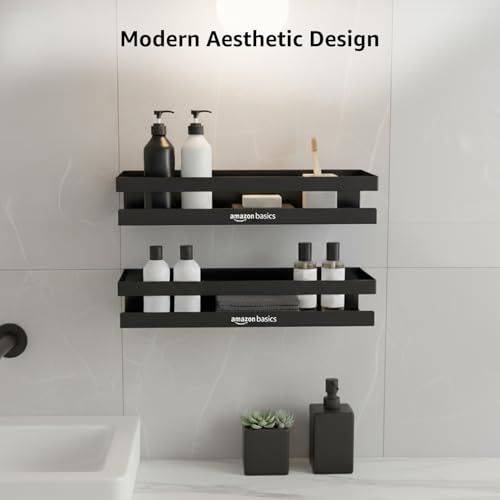 Image of Amazon Basics Wall Mounted Bath Rack- Drill Installation | Large Mild Steel Bathroom Shelf for Shampoo, Conditioner, Soap & Toiletries | Rust-Resistant, Durable & Easy to Clean Bathroom Organizer - 35 x 13.6 x 6.5 cm, Pack of 2, Black