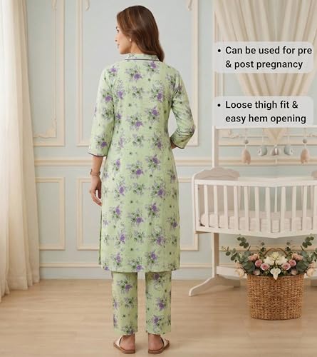 Image of DUMMY SHAPE Maternity Dresses for Women Cotton | Floral Kurta Pant Dupatta Set with Nursing Zippers, Side Pocket | Pre & Post Pregnancy | Feeding Kurti Suit | Baby Shower | Gifts for Pregnant Woman