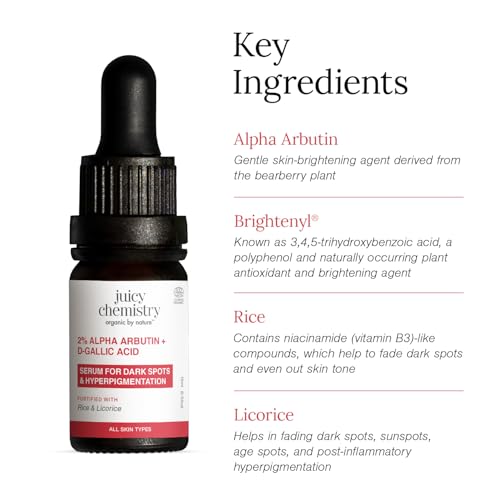 Juicy Chemistry 2% Alpha Arbutin + D-Gallic Acid Face Serum, 10 ml | Brightens Skin & Reduces Hyperpigmentation | Fades Dark Spots & Acne Marks | For Men, Women | Certified Organic