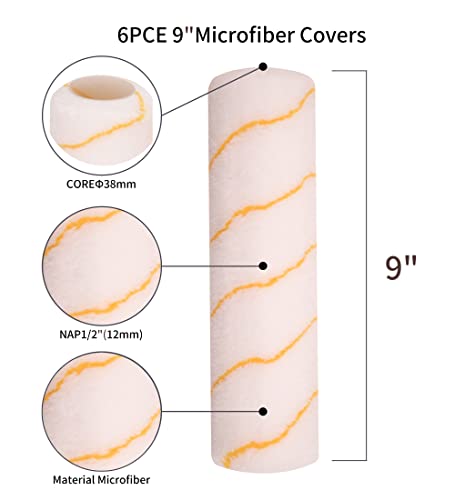 9" Paint Roller Covers, Microfiber Paint Roller Covers 1/2 Inch Nap, Pack Of 6, Covers For Paint Roller Set, Home Painting Supplies #TOP1
