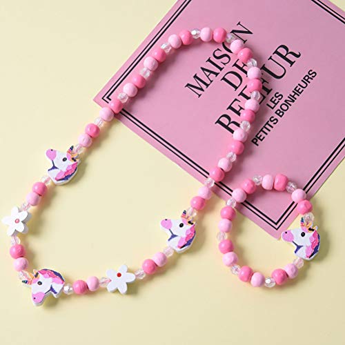 Image of LUOZZY Beaded Bracelet Wooden Unicorn Necklace Colorful Neck Jewelry for Women Girls 2 Pcs