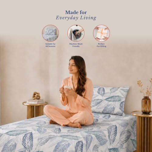 Image of Jaipur Weaves Single Bed Cotton Bedsheet with 1 Pillow Cover, 100% Pure Cotton Single Bedsheet 60x90 Inches, 240 TC Soft Breathable Bed Sheet - (Tealish Blue)