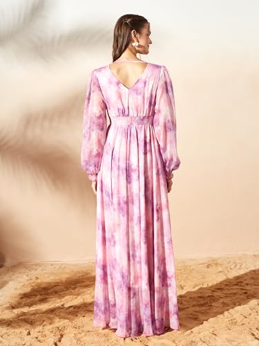 Image of Miss Chase Women's Multicolored-Base-Brown Relaxed Fit Maxi Lurex Chiffon Dress