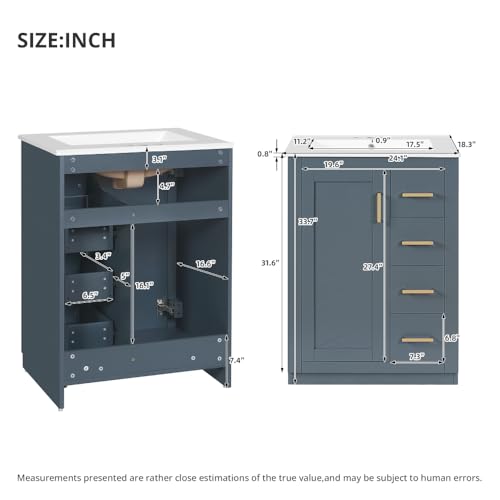 Image of 24 Inch Bathroom Vanity with Ceramic Sink, Cabinet and 3 Drawers, Modern Freestanding Vanity for Small Bathroom (Blue)