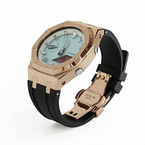 Image of GA2100 Stainless Steel Watch Case with Metal Watchband and Rubber Strap Mod Kit - Compatible with GA-2100 /GA-2110 /GA-B2100 Series - Watch Part Replacement