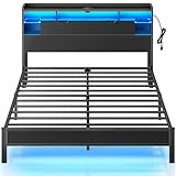 Rolanstar Bed Frame Queen Size with Charging Station, LED Bed Frame with Storage Headboard, Metal Platform Bed with Glass Shelves, Bookcase Storage, No Box Spring Needed, Noise-Free, Black