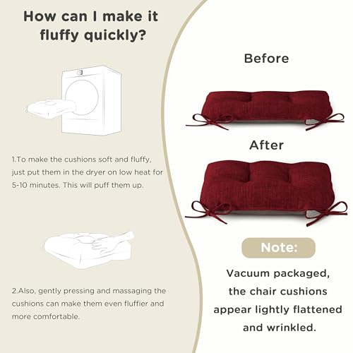 Image of AddGrace Chair Cushions for Dining Chairs Set of 4 Kitchen Seat Cushions with Ties and Non Slip Backing Tufted Indoor Seat Pad for Kitchen Dining Room 18 inch x 17 inch x 3 inch Burgundy