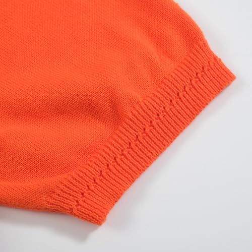 Women's Orange Knitted T-Shirt, Fashion Word Floral Crewneck Cotton Short Sleeve - Cropped Length4