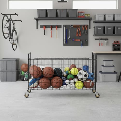 MyGift X-Large Capacity Black Metal Sports Ball and Gym Equipment Storage Rolling Cart with 2 Compartments, Lock Latch and Heavy-Duty Locking Caster Wheels, Garage Ball and Gear Organizer Holder