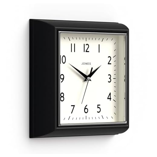 JONES CLOCKS The Mustard Wall Clock - Analog Retro Kitchen Clock - Easy to Read Dial - Square 10in British Design (Black)