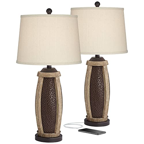 John Timberland Parker Rustic Farmhouse Table Lamps 28.5" Tall Set Of 2 With Usb Port Hammered Oil Rubbed Bronze Wood Accents Oatmeal Tapered Drum Shade For Living Room Bedroom Bedside #TOP1