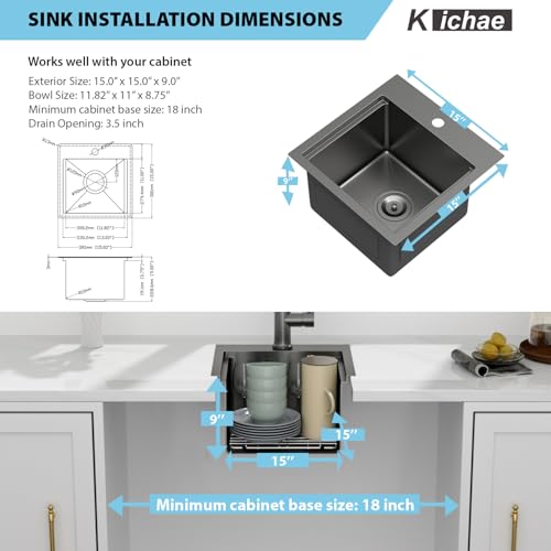 Image of Kichae Black Drop In Bar Sink- 15x15 Small Overmount Topmount Stainless Steel Single Bowl Ledge Workstation Bar Prep Handmade Basin