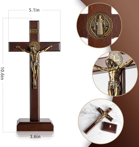 KUXBET Wooden Crucifix Cross with Removable Stand 10 Inch Standing Catholic Wooden Jesus Christ Wall Hanging Cross for Home Decoration