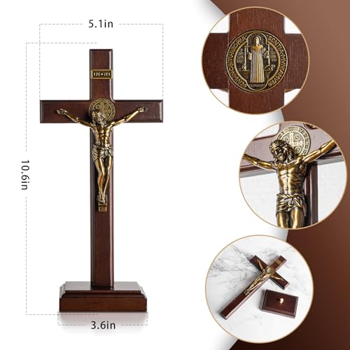 KUXBET Wooden Crucifix Cross with Removable Stand 10 Inch Standing Catholic Wooden Jesus Christ Wall Hanging Cross for Home Decoration