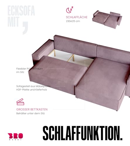 BROMARKT Sofa mit Schlaffunktion Couch L Cordstoff Sofa Bettkasten Schlafsofa für Wohnzimmer Ecksofa freistehend Adi XL Relaxsofa 3 sitzer 272x143x85 cm Hellgrau