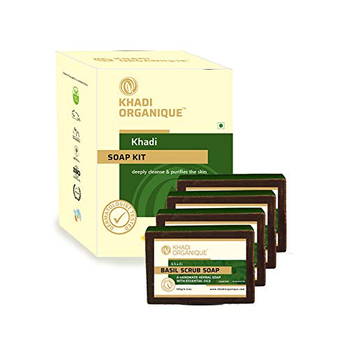 Khadi Organique Pure Natural Herbal & Handmade Basil Scrub Soap Combo Kit Pack of 4 500gm