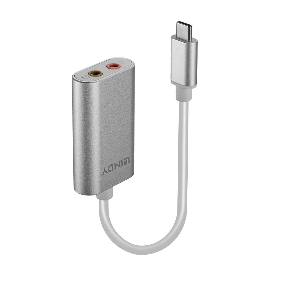 LINDY USB C to 3.5mm Audio Adapter, Sound Card with Mic & Headphone Jacks, Plug & Play Type C DAC for Headsets, Gaming, Streaming