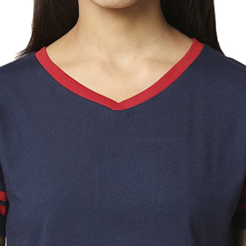 Image of Bewakoof Women Plain V Neck Stripe Accent Half Sleeve T-Shirt - XX-Large
