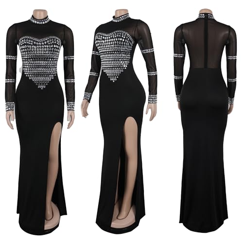 Image of Jigfar Women's Sexy Elegant Rhinestone Cocktail Party Split Mesh See Through Bodycon Formal Maxi Dress(FK3367,Black,XL)