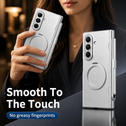 Image of amazon basics Armor Case for Samsung Galaxy Z Fold 8 Ultra with 360 Rotating Ring Stand, Built-in Screen Protector, Hinge Protection, and Included Stylus Pen (Matte Silver)