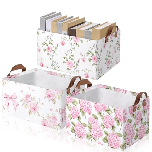Boao 3 Pcs Pink Hydrangea Foldable Storage Baskets Pink Flower