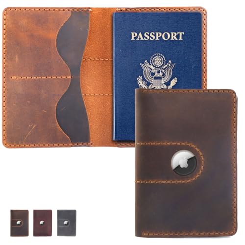 Leather Passport Cover Holder with Airtag Slot - International Travel Must-Have Genuine Leather Passport Holder Wallet Cover Case for Men & Women (Brown)