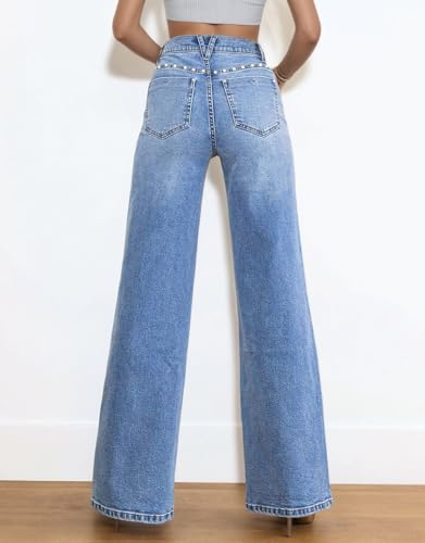 Kedera Women's High Waisted Jeans Stretchy Pearl Beaded Jeans Wide Leg Casual Denim Trousers Y2K Trendy Baggy Pants2