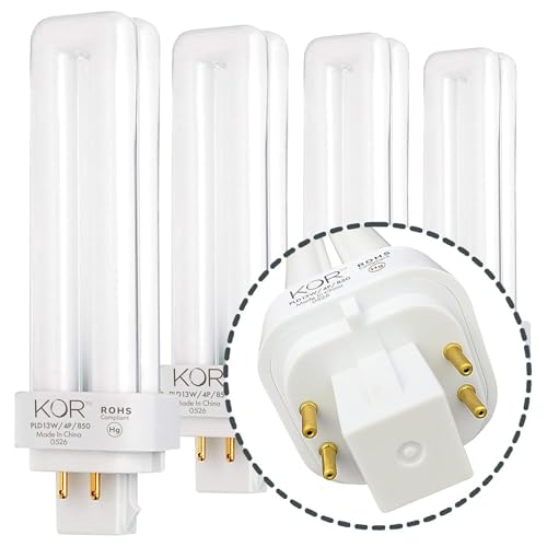 KOR CFL Light Bulb, 13W Double Tube, 4-Pin G24Q-1 Base, 5000K Bright White, Pack of 4