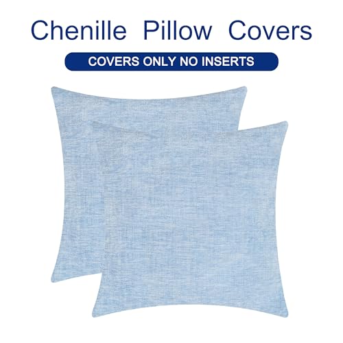 Image of CaliTime Pack of 2 Cozy Throw Pillow Covers Cases for Couch Sofa Home Decoration Solid Dyed Soft Chenille 20 X 20 Inches Baby Blue