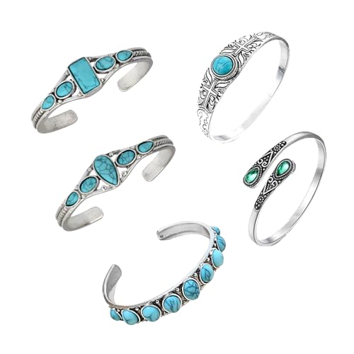 5Pcs Turquoise Bracelets Set for Women Turquoise Cuff Bracelets for Women Adjustable Silver Bangle Bracelets for Women Cowgirl Stackable Bracelets Boho Western Jewelry for Women
